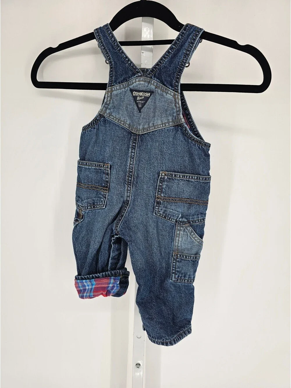 OshKosh B'gosh | Medium Wash Flannel Lined Overalls Plaid Knee Patch 12 MOS